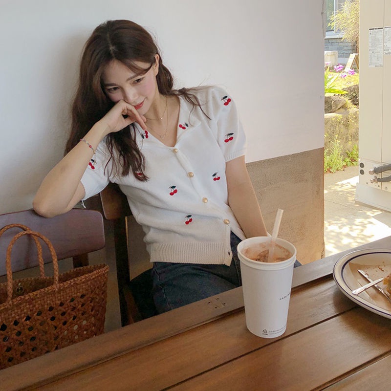 Áo Thun Dệt Kim Tay Ngắn Mỏng Họa Tiết Quả Cherry Dễ Thương Dành Cho Nữ  tao bao
