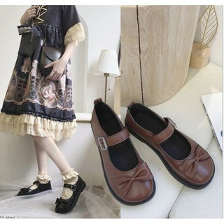 Giày búp bê dáng Lolita mũi tròn gắn nơ quai dán xinh xắn - màu đen/trắng/kem