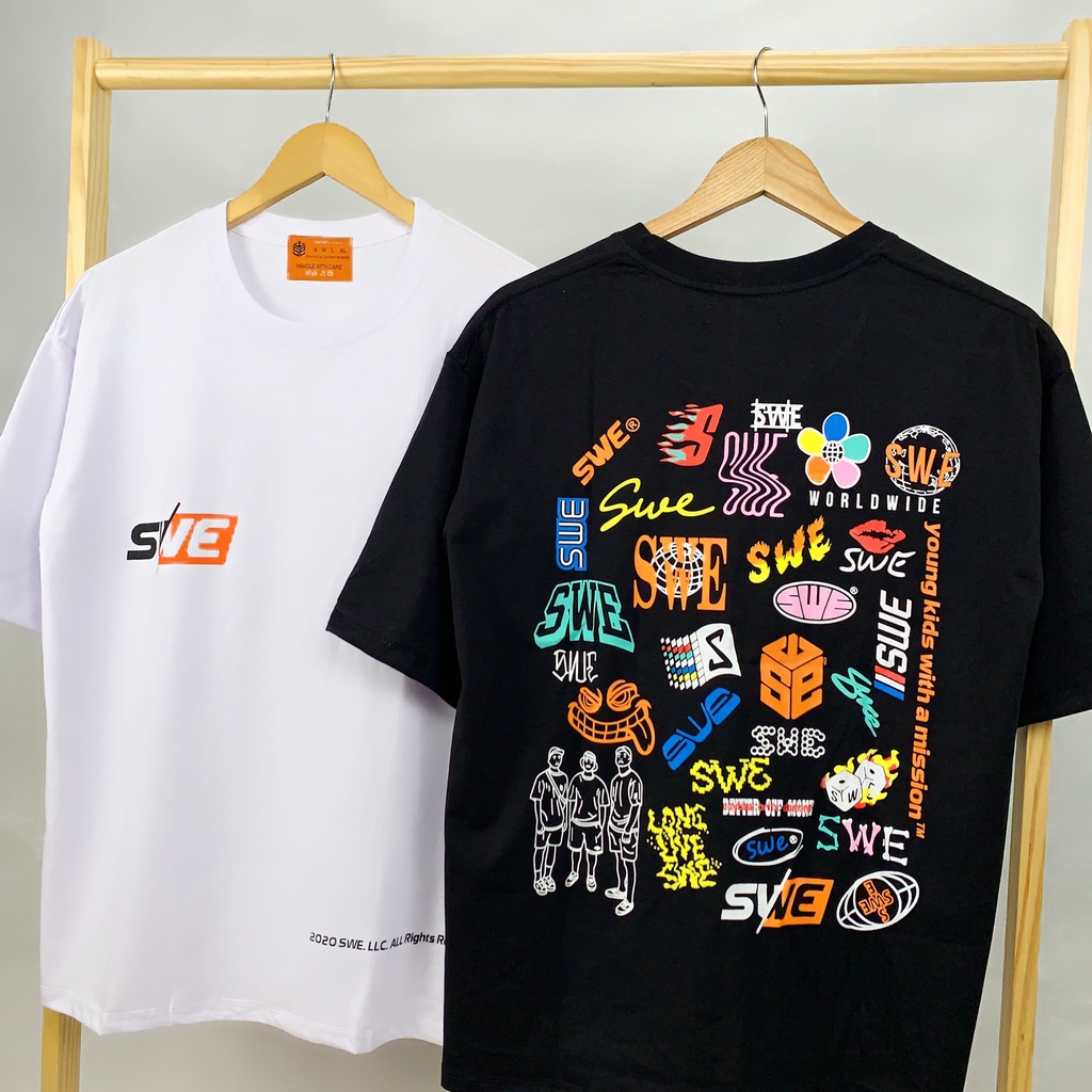 Áo Thun Form Rộng Tay Lỡ Hàn Quốc Nhiều Logo SWE, Vải Cotton 75%, Co Giãn 4 Chiều.