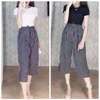 Set Quần Sọc Ống Rộng Culottes & Áo Phông Trơn