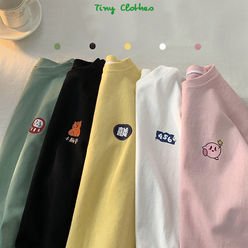Áo phông tay lỡ nam nữ, áo thun unisex form rộng 5 màu chất cotton mát mịn thấm hút mồ hôi hình in hoạt hình dễ thương