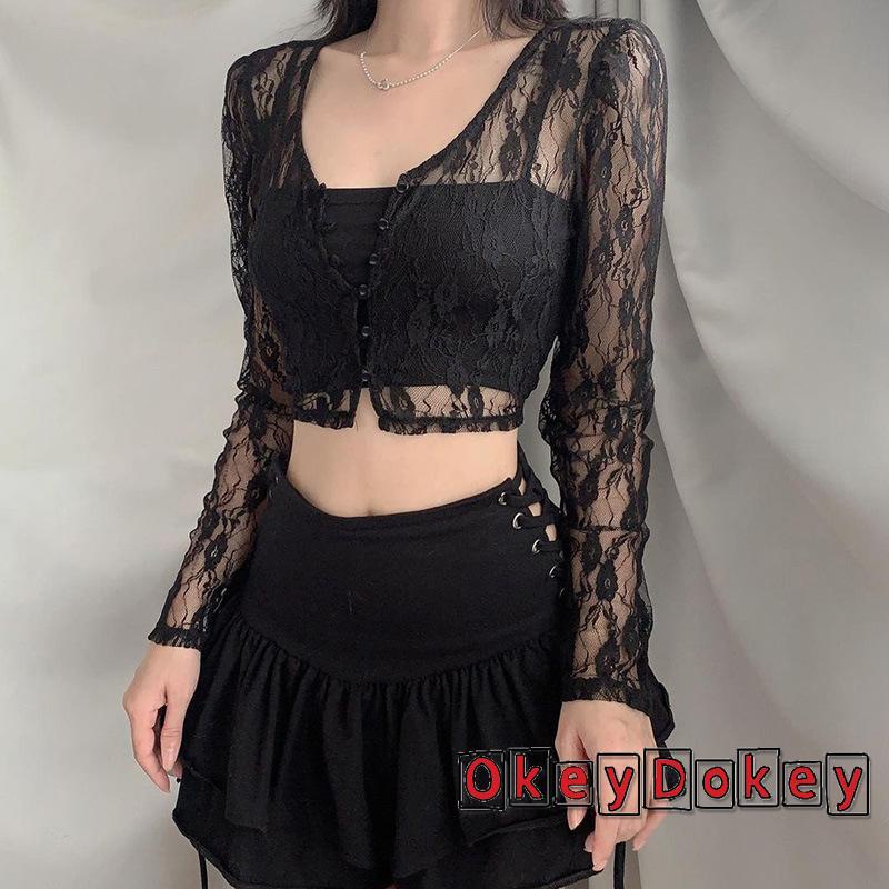 Áo croptop tay dài cổ chữ V phối ren phong cách vintage quyến rũ cho nữ