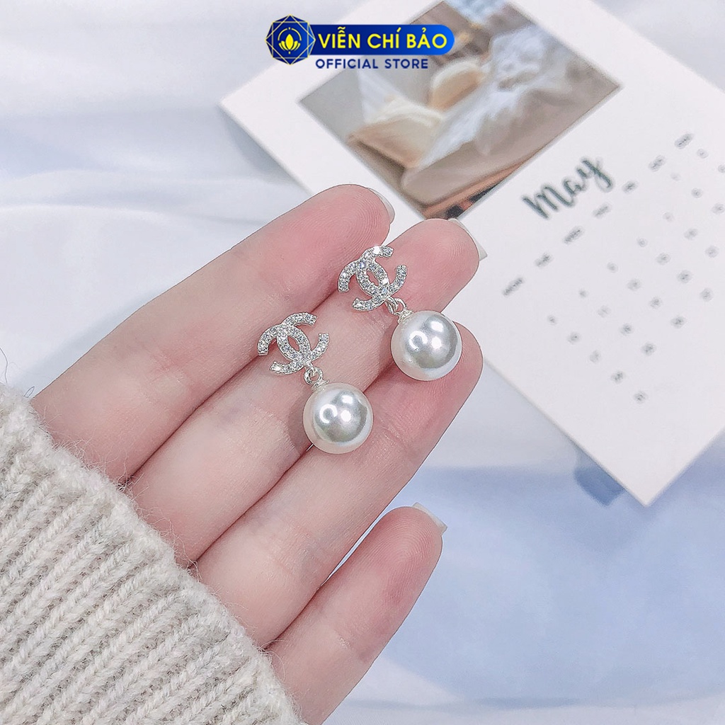 Bông tai bạc nữ trái châu chữ CC đính đá chất liệu bạc 925 thời trang phụ kiện trang sức nữ Viễn Chí Bảo B400011