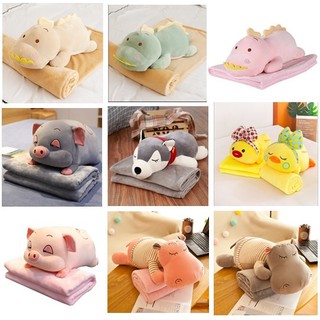 Chăn gối văn phòng gấu bông khủng long, hà mã, heo xinh 60cm siêu đáng yêu [ Tặng Kèm Tranh Để Bàn Cho Bé ]