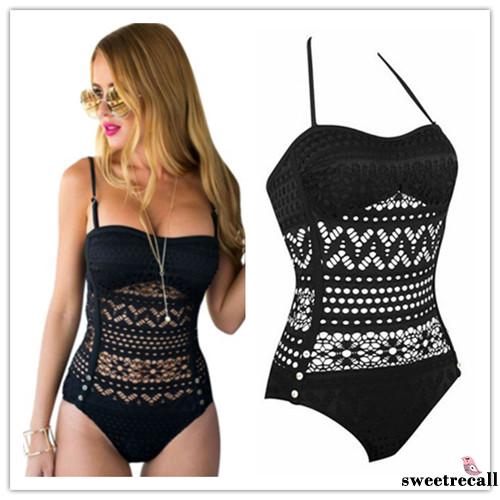 Đồ bơi một mảnh 2 dây trang trí ren xuyên thấu màu đen gợi cảm cho nữ