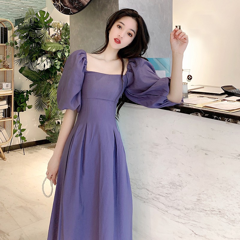 SẴN | ĐẦM TÍM DÀI CỔ VUÔNG TAY PHỒNG UZLLANG | BigBuy360 - bigbuy360.vn