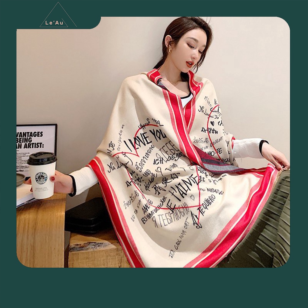 Khăn Choàng Cổ Nữ Khăn Quấn Cổ Khăn Quàng Cổ Len Dệt Tay Họa Tiết Trái Tim Hai Màu Cam/Hồng_Leau K09