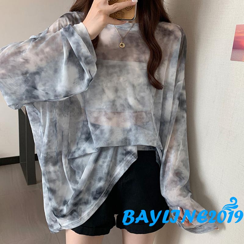 Áo Thun Tay Dài Cổ Tròn Xuyên Thấu Họa Tiết Màu Loang Thời Trang Đường Phố Cho Nữ