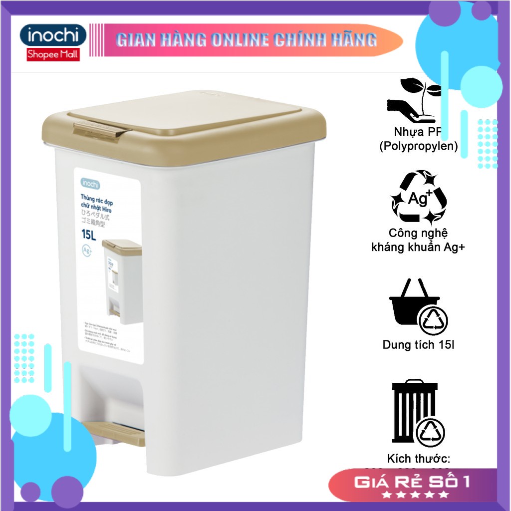 Thùng Rác Hiro Nhựa Đạp Chân Nắp Đậy Chữ Nhật INOCHI 15 Lít Làm Sọt Rác Văn Phòng Gia Đình TRAC15