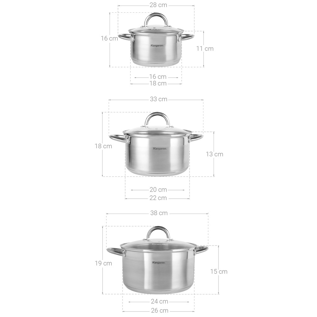 Bộ 3 nồi Inox cao cấp 5 lớp đáy từ Kangaroo KG866 KG864 KG876 KG876S KG876L KG878 KG3CS3 KG121 chính hãng