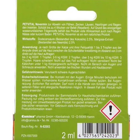 [DINH DƯỠNG CAO] Thuốc trị ve, rận, bọ chét cho mèo CANINA Petvital Novermin 2ml - THUỐC TRỊ VE MÈO