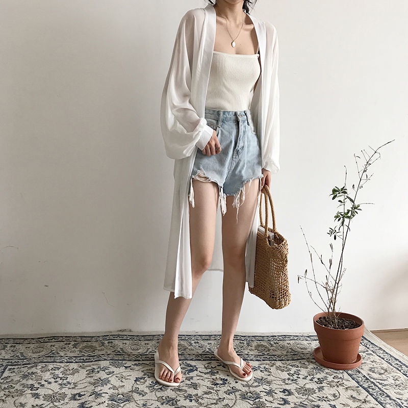 Áo sơ mi chiffon RENJIANVSHENG 153417 mỏng dáng rộng màu trắng dài tay thời trang sành điệu