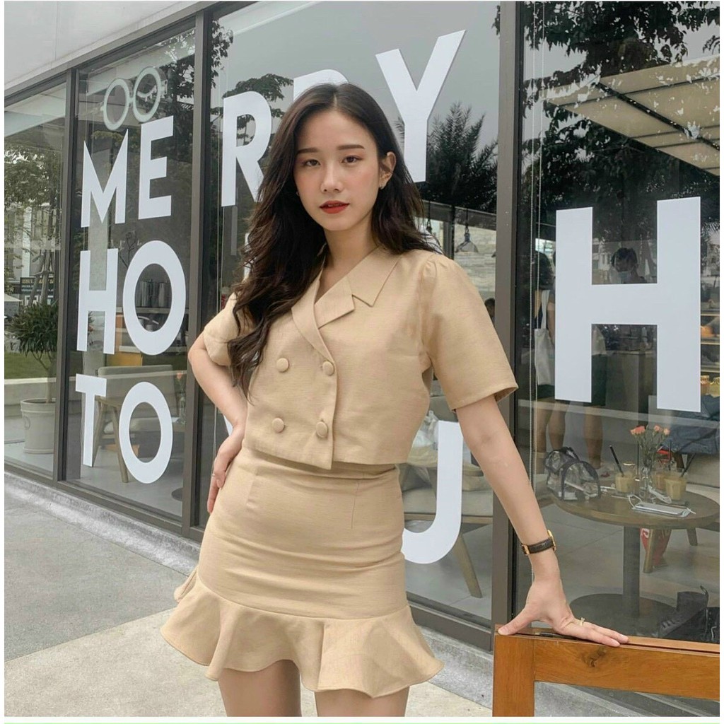 Set đồ nữ áo croptop dạng vest tay ngắn + chân váy đuôi cá 🎉FREESHIP🎉 màu kem nền nã, kiểu dáng đẹp, lịch sự, tôn dáng