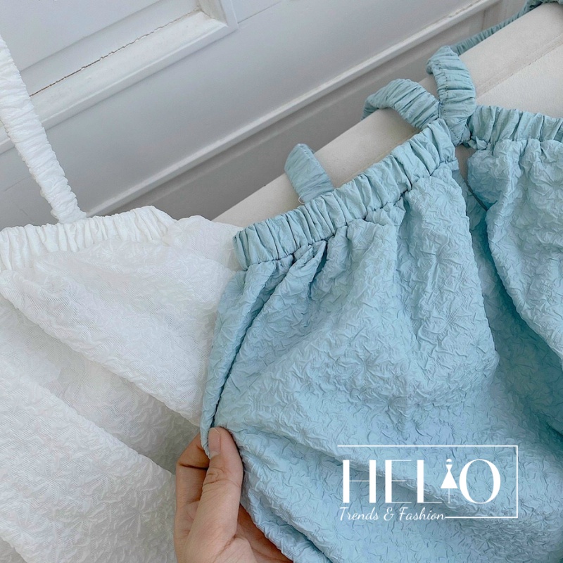 Đầm babydoll xốp 2 dây chéo form tôn dáng _ Trắng/ Xanh _ HE272