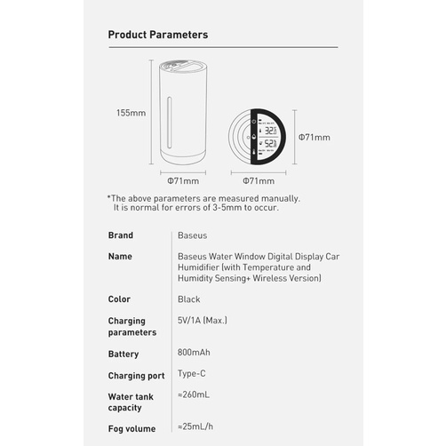 Máy tạo độ ẩm Baseus cho ô tô hiển thị kỹ thuật số (với Cảm biến nhiệt độ và độ ẩm + Phiên bản không dây)