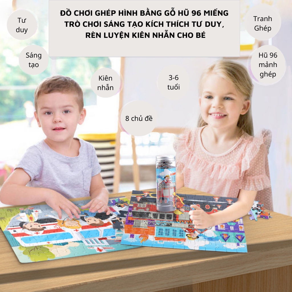 Hoả tốc-Video- Hũ Tranh Ghép 96 mảnm 8 Chủ đề cho bé luyện tập trung sáng tạo và kiên nhẫn