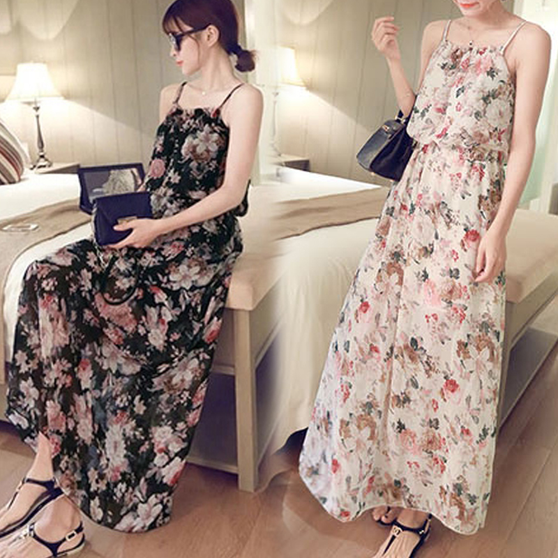 【CoCo】đầm ngắn tay,đầm ngắn tay dáng rộng,đầm dự tiệc - Summer 2020 sweet beach chiffon skirt with long loose skirt bohemian printed flowers women