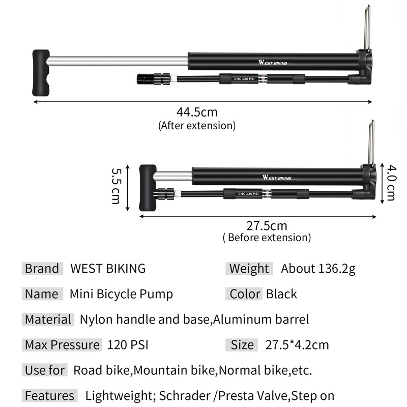 Ống Bơm West Biking Di Động Mini Dùng Chân Cho Xe Đạp 120psi