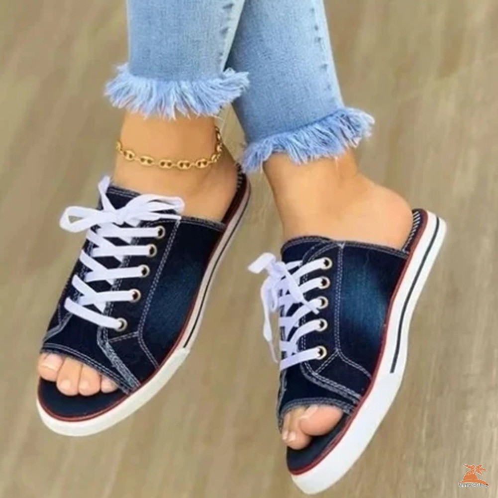 #dep Lê# Women Sandals One Pedal Canvas Slippers Comfortable Flat Sandals for Summer Party