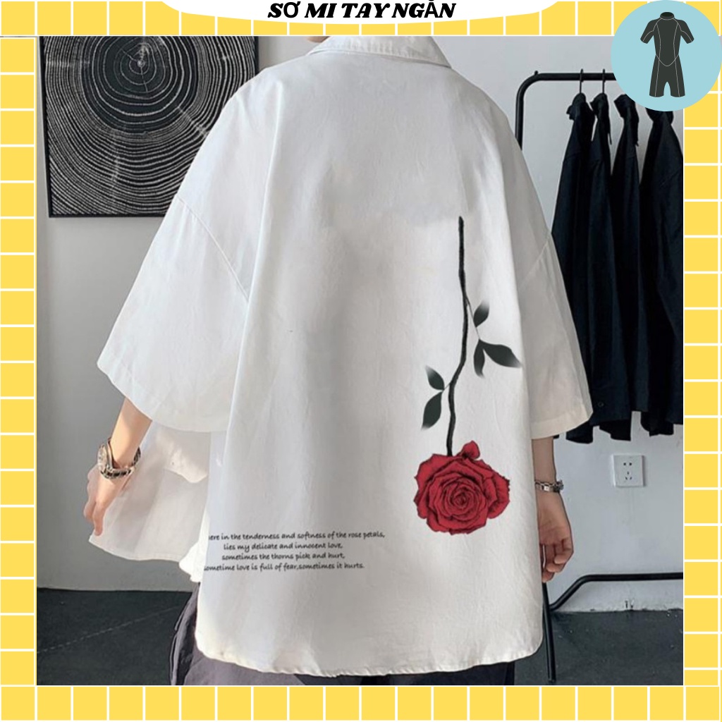 Sơ mi from rộng tay lỡ unisex nam nữ , sơ mi nam nữ vải voan lụa mịn mát free size 40kg - 70kg in hoa hông ngược
