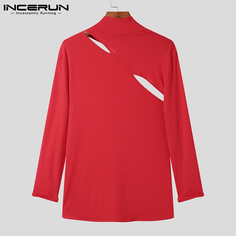 Áo INCERUN tay dài họa tiết khoét rỗng co giãn màu trơn thời trang thường ngày cho nam