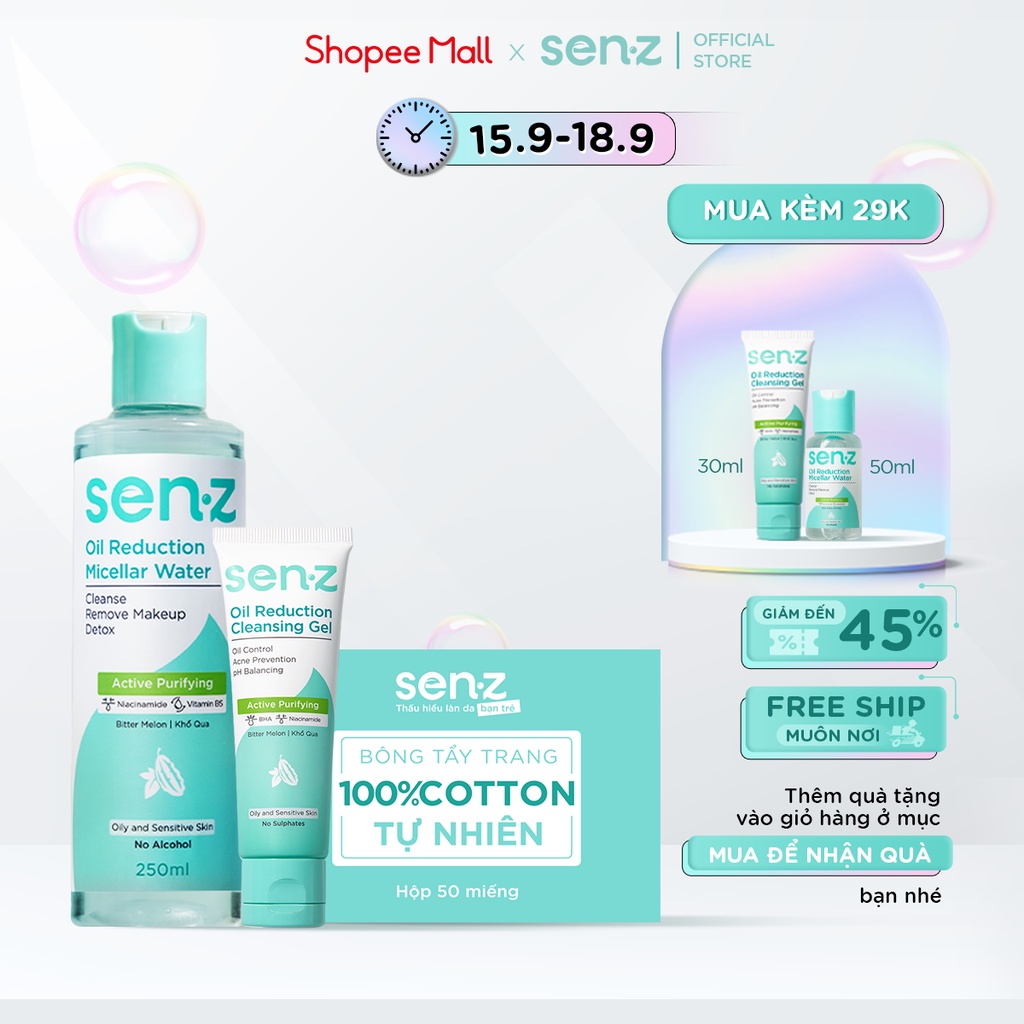 Bộ Sản Phẩm Tẩy Trang 250ML SenZ Oil Reduction Làm Sạch Sâu Lành Tính Cho Da Dầu Mụn Nhạy Cảm