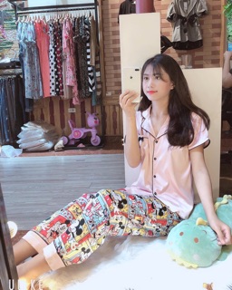 Bộ pijama lụa satin (áo cộc+ quần dài)
