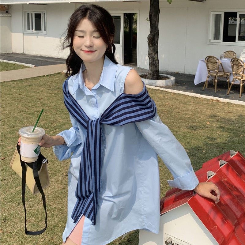 Áo Sơ Mi Tay Dài Giả Hai Lớp Phối Khăn Choàng Họa Tiết Kẻ Sọc Phong Cách Mới Dành Cho Nữ