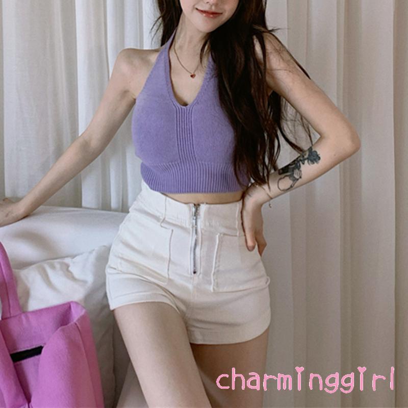 Áo kiểu croptop dệt kim cổ yếm chữ V không tay màu trơn thời trang dành cho nữ