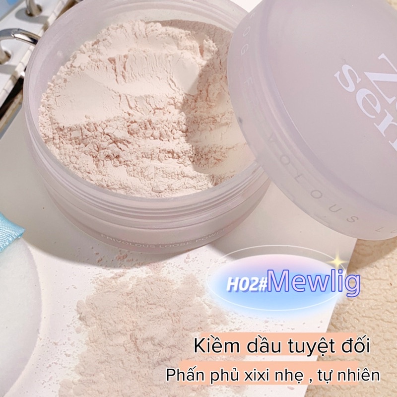 Phấn phủ dạng bột xixi vỏ xanh kiềm dầu màu lì khoá lớp make up không bết dính chống nước cho da hộp có mút kèm Mewlig