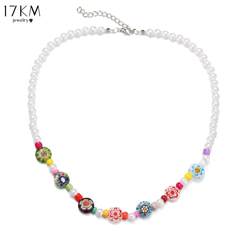 Dây chuyền choker 17KM phối hạt pha lê ngọc trai giả đầy màu sắc phong cách Bohemia thời trang dành cho nữ