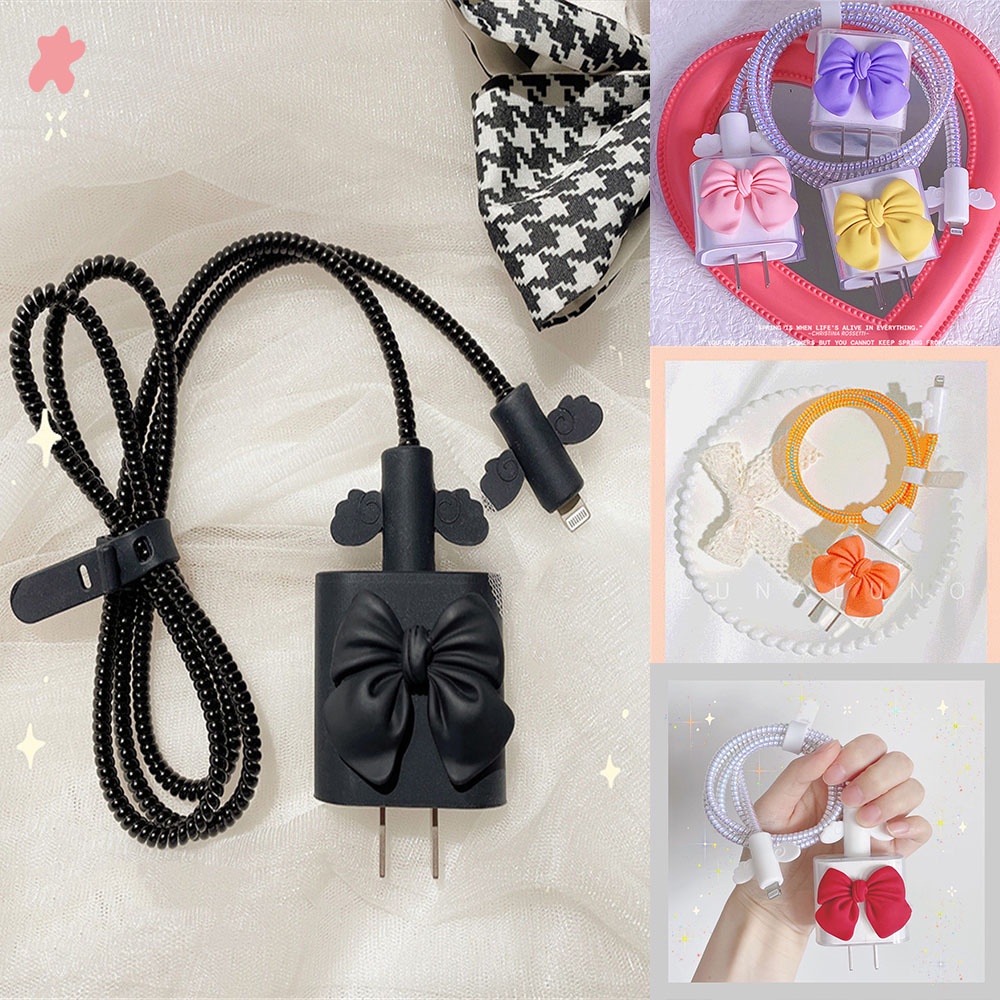 4 Phụ kiện bảo vệ dây cáp sạc bằng silicon mềm họa tiết nơ thích hợp cho Iphone Apple 13 / 12 / 11pro