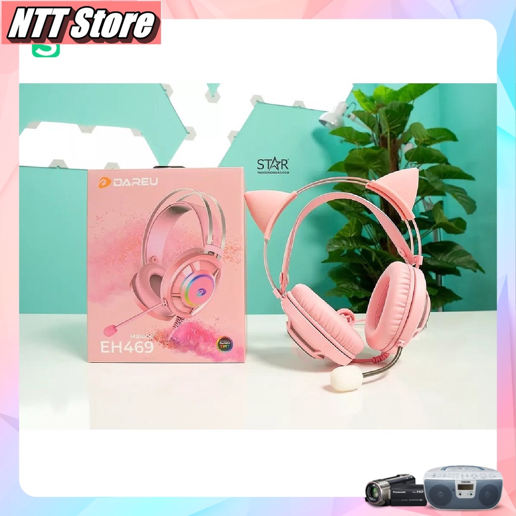 Tai Nghe Mèo Hồng DAREU EH469 Jack cắm Usb Âm thanh 7.1 LED RGB Màu Pink Chính Hãng -NTT Store