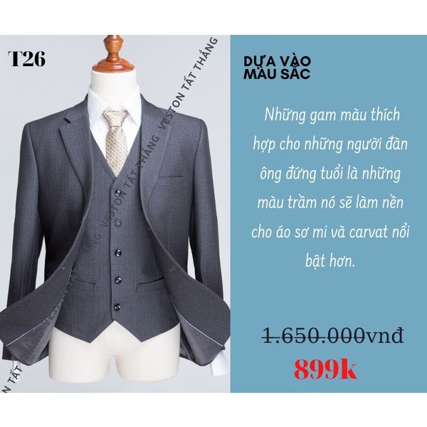 Veston bộ vest nam trung niên cao cấp với những đường may tỉ mỉ.tặng kèm ngay 1 áo gile cùng màu