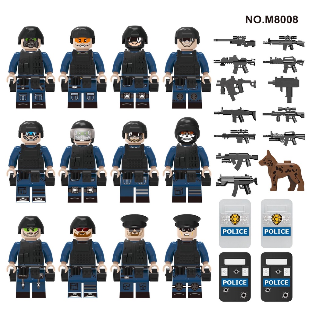 Set 12 Mô Hình Đồ Chơi Chú Chó Cảnh Sát Màu Xanh Dương M8008 LEGO