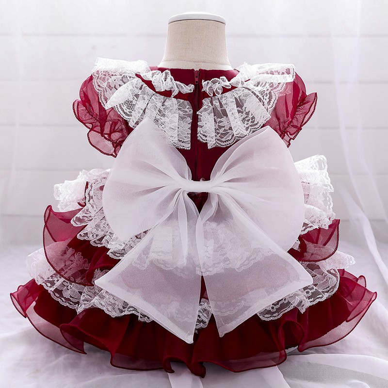 2021 Cute Short Sleeve Tutu Dress Lolita 1st Birthday Dress For Baby Girl Clothes Bow Princess Baptism Dresses Lace Party Dress Flower 1-5 Years