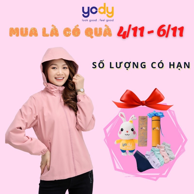 Áo Khoác Gió Nữ YODY Hai Lớp Có Mũ Áo Gió Nữ Khóa Kéo Chống Bụi Chống Nước Chính Hãng AKN4024