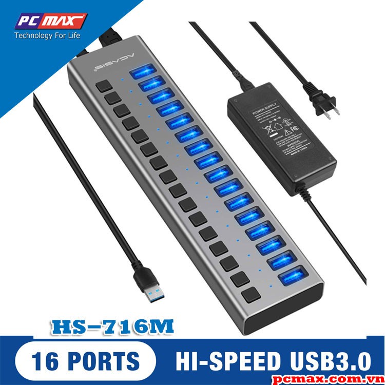 Bộ chia USB 3.0  16 port 90W  hub - 10 cổng  ACASIS HS-716M - Hàng chính hãng