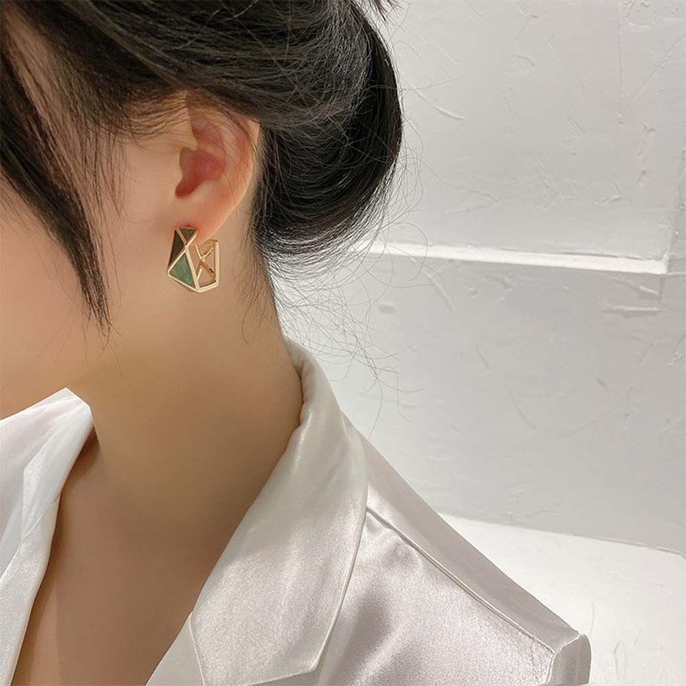 VANES1 Bông Tai Mạ Bạc 925 Hình Học Màu Xanh Lá Phong Cách Hàn Quốc Thời Trang Cho Nữ