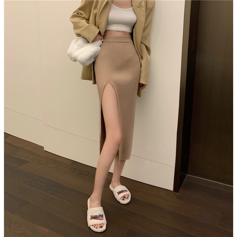 Cocory vn Chân Váy Dệt Kim Chữ A Lưng Cao Dáng Ôm Xẻ Tà Quyến Rũ Thời Trang Cho Nữ