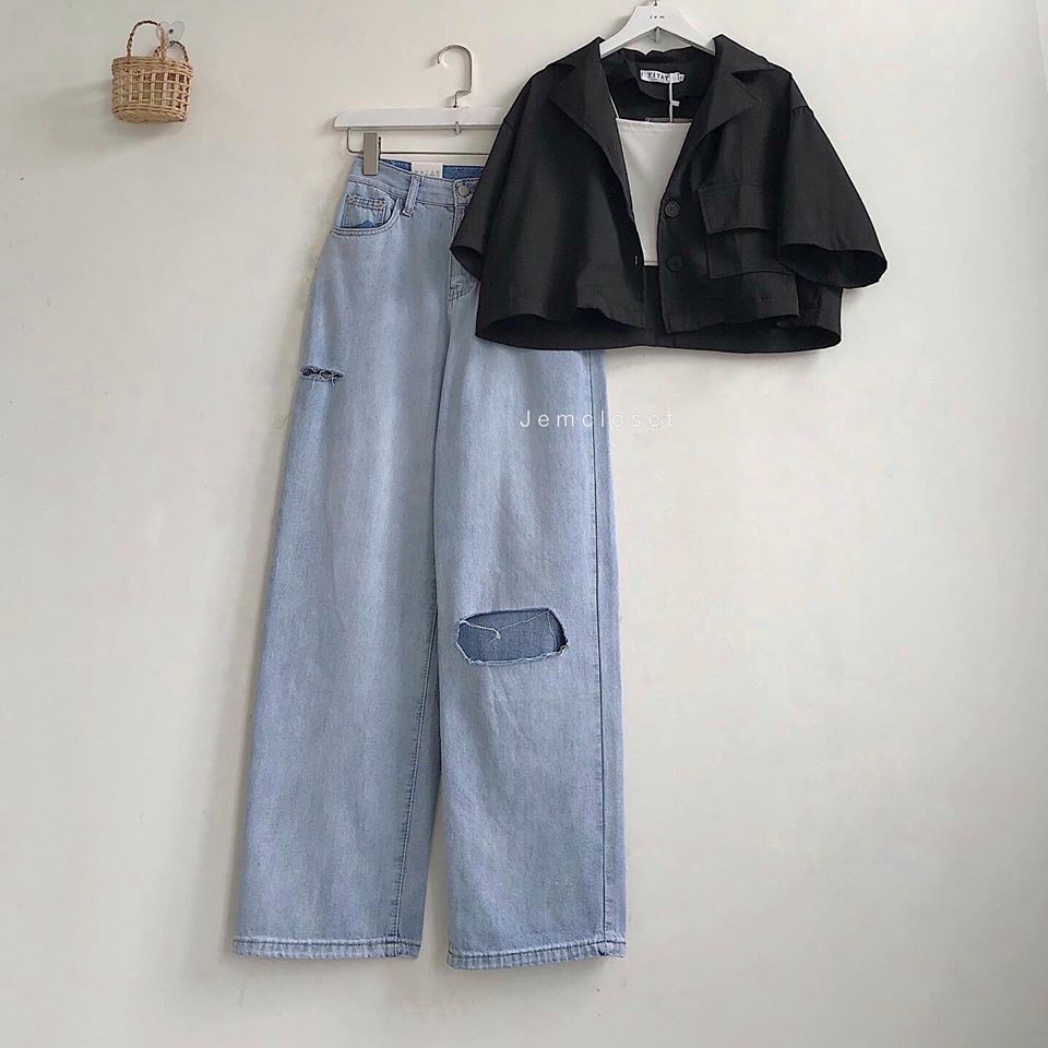 Quần Bò Nữ Ống Suông JEMCLOSET Eqe Quần Rách Gối Form Rộng Phong Cách Trẻ Trung Năng Động Thoải Mái - 2440