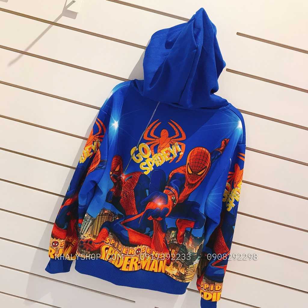 Áo khoác nón và dây kéo hình người nhện Spiderman màu xanh size M,XL cho bé trai - AKSPMXM