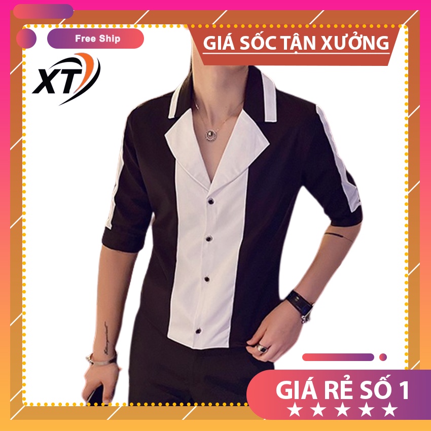 Áo sơ mi nam, Áo sơ mi dài 3/4 cổ chữ V, phối 2 màu chủ đạo đen trắng phong cách hàn quốc, lịch lãm sang trọng. Mã N12