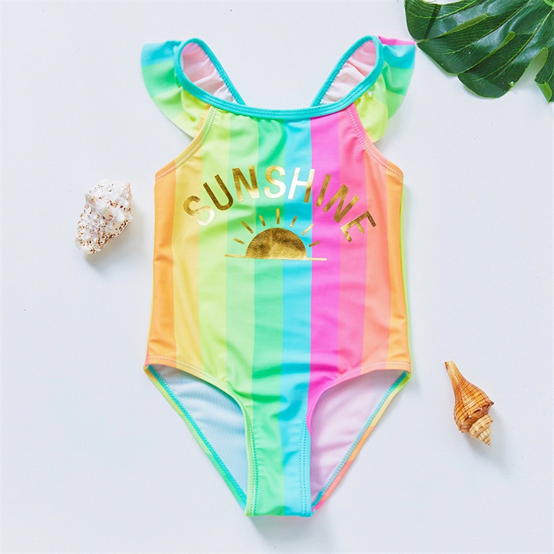 Bộ Đồ Bơi Một Mảnh Phối Bèo Màu Cầu Vồng Dễ Thương Thời Trang Mùa Hè Cho Bé Gái 3-8T