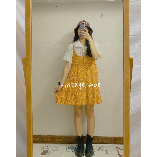 (2hand mới lắm) váy vintage vàng mù tạt họa tiết hoa xinh xắn lắm luôn