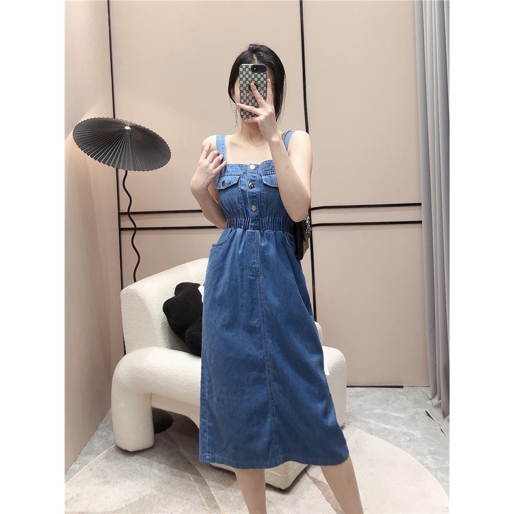 Váy jean 2 dây, chun eo, váy suông, váy jean túi ngực