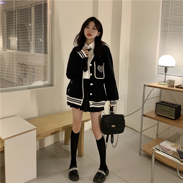 IELGY    Áo Khoác Dáng Rộng Thêu Hình plus size Phong Cách preppy Dành Cho Nữ