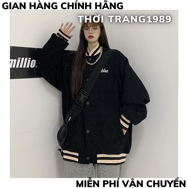 Áo bomber- áo bóng chày nhung tăm màu be-màu đen phối sọc in chữ ALOUTION ,áo nhung tăm phong cách hàn quốcTHỜITRANG1989