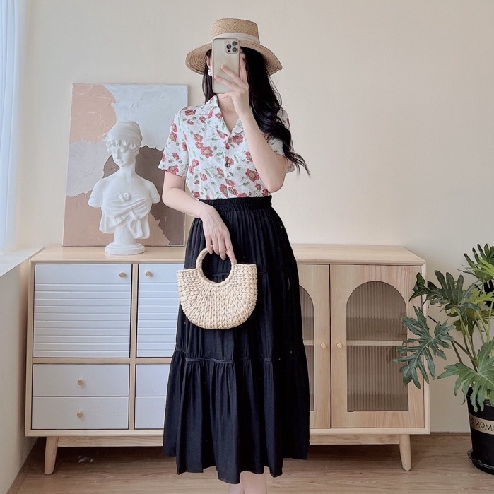 Chân váy cạp chun dài vải tằm xước co giãn mix áo phông áo sơ mi croptop siêu đẹp EvaLover