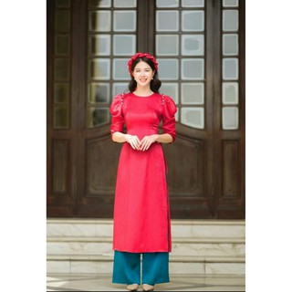 [Kèm mấn] Aó dài nữ cổ tròn, tay phồng, đính ngọc (MM-201)